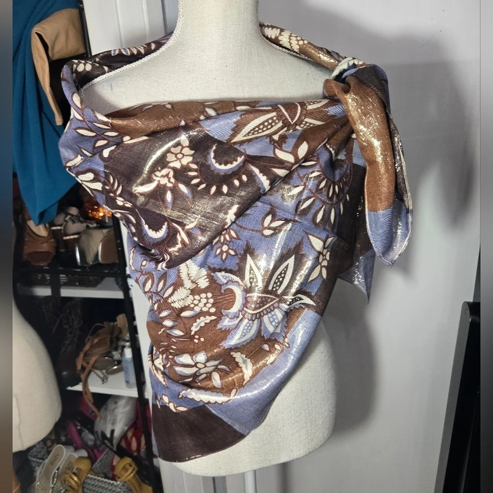 Vintage XL Oscar De La Renta Square Scarf Floral Brown And Blue Metallic